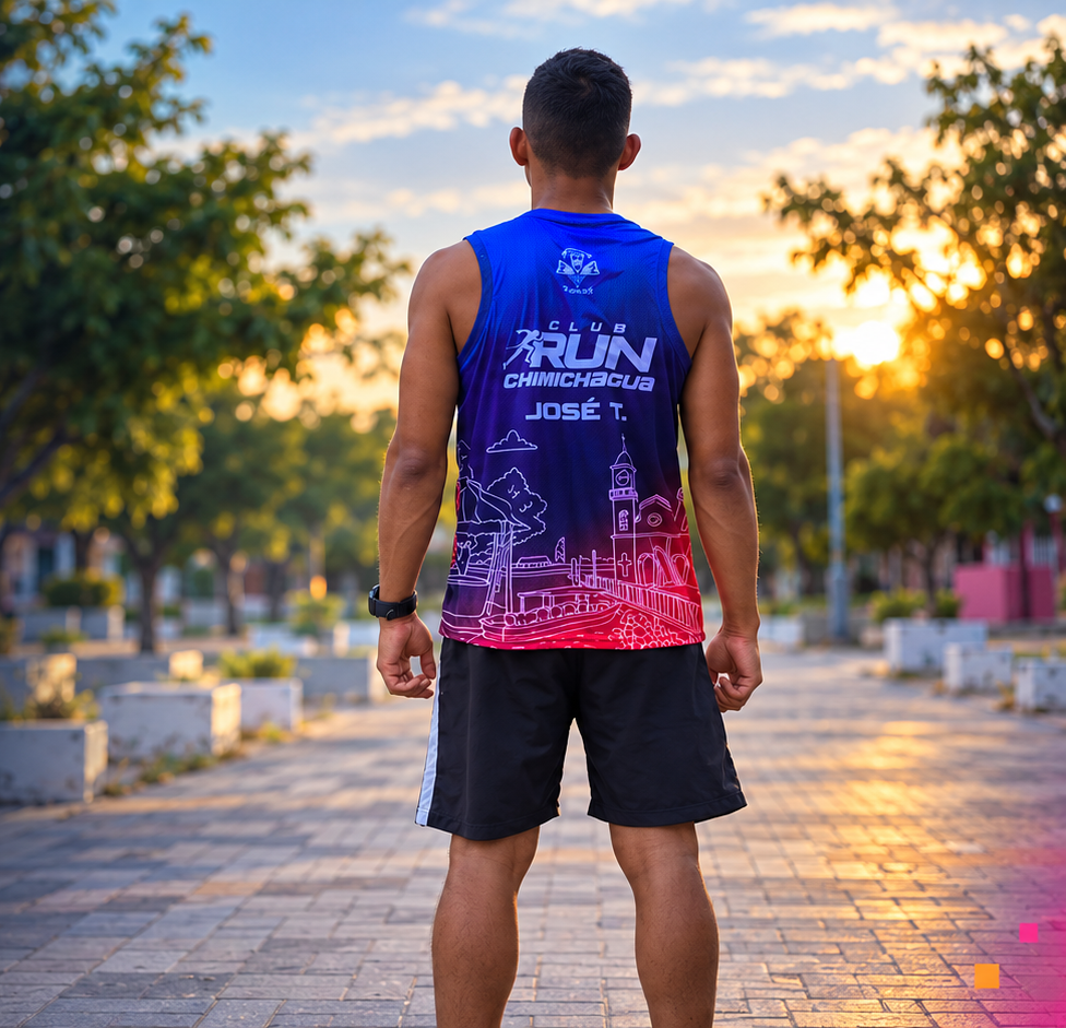 Corredor del Club Run Chimichagua de espaldas en una plaza al amanecer.